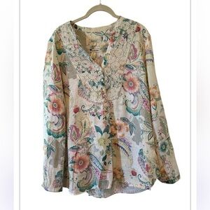 Malvin 100% Linen Top Long Sleeve Floral 
Boho Prairie Beach Cottagecore  XL